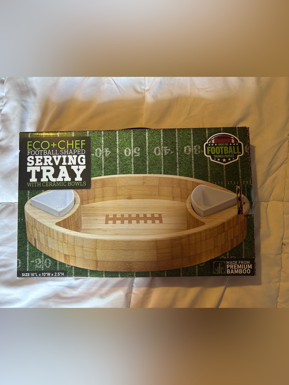 Serving Tray Bamboo made by Eco & Chef football shaped includes ceramic bowls